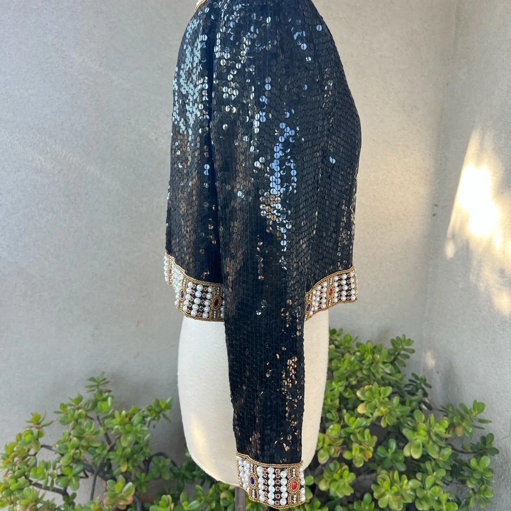 Vintage glam black sequins bolero style jacket colorful beaded trim Sm NiteLine - Picture 3 of 11